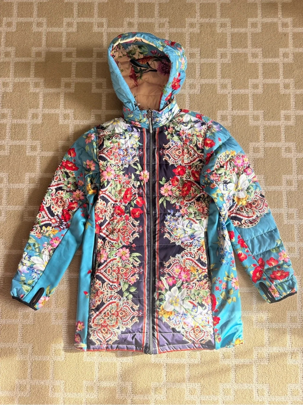 Johnny Was Santa Fe Reversible Down Puffer Parka Teal Multicolor Floral Large